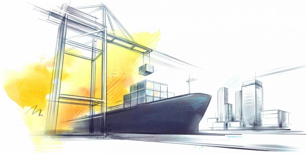 Translata ilustrácia - loď v nákladnom prístave